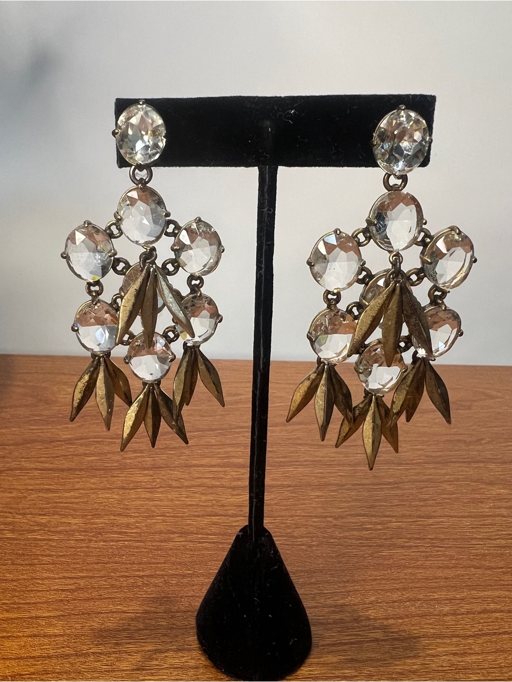 J.Crew Vintage Crystal Brass Leaf Chandelier Statement Earrings